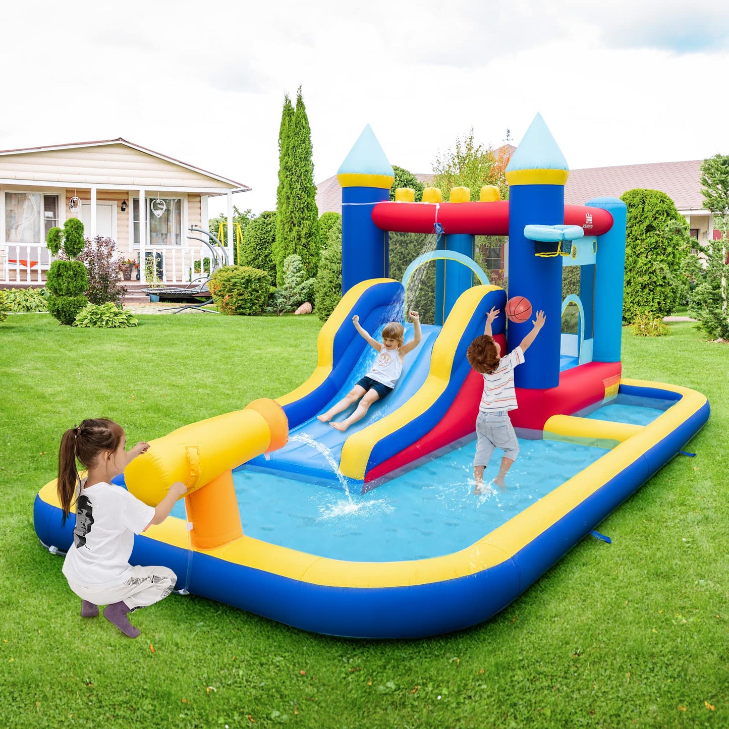 Inflatable Water Park with Basketball Hoop and Splashing Pool