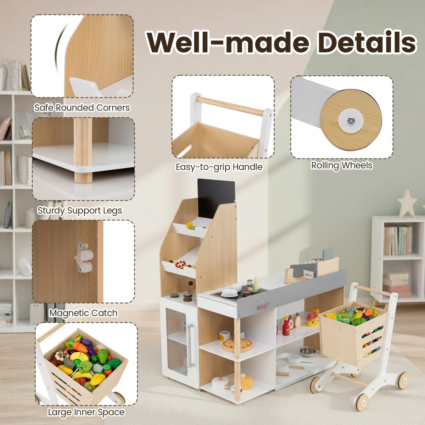 Pretend Play Shop, Kids Supermarket Playset with Shopping Cart