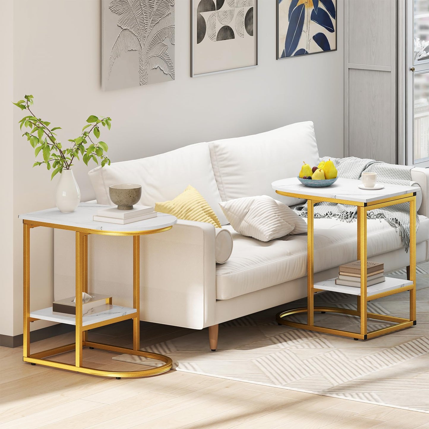2 Tier C shaped End Table Modern Sofa Side Table with Metal Frame