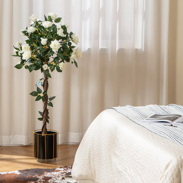120 CM Artificial Flower Tree Faux Floral Plant with White Roses