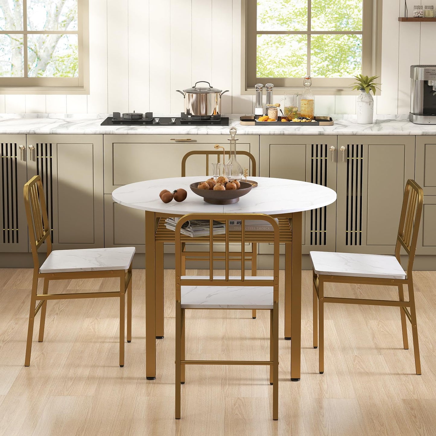 5 Piece Dining Table Set with Storage Rack and Metal Frame for Dining Room