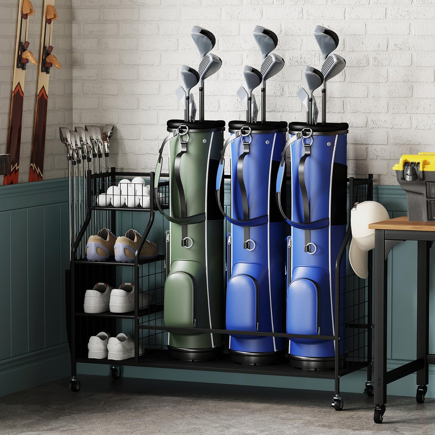 3 Golf Bag Stand for Clubs with Lockable Wheels and Removable Hooks