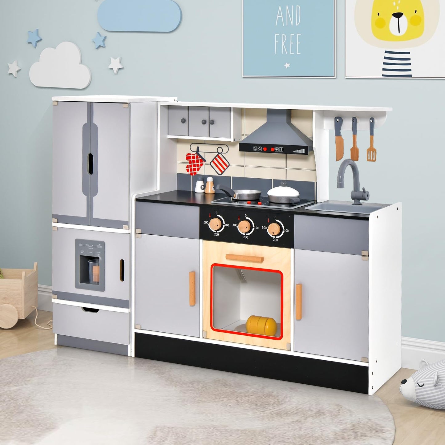 Pretend Play Kitchen Toy with Freestanding Refrigerator