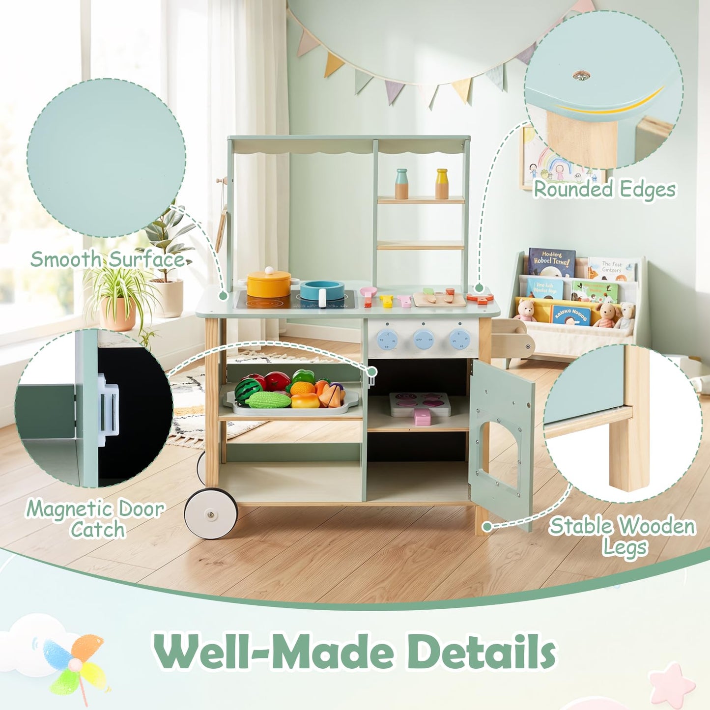 Kids Play Kitchen, Wooden Toy Kitchen with Stoves, Oven, Chalkboard