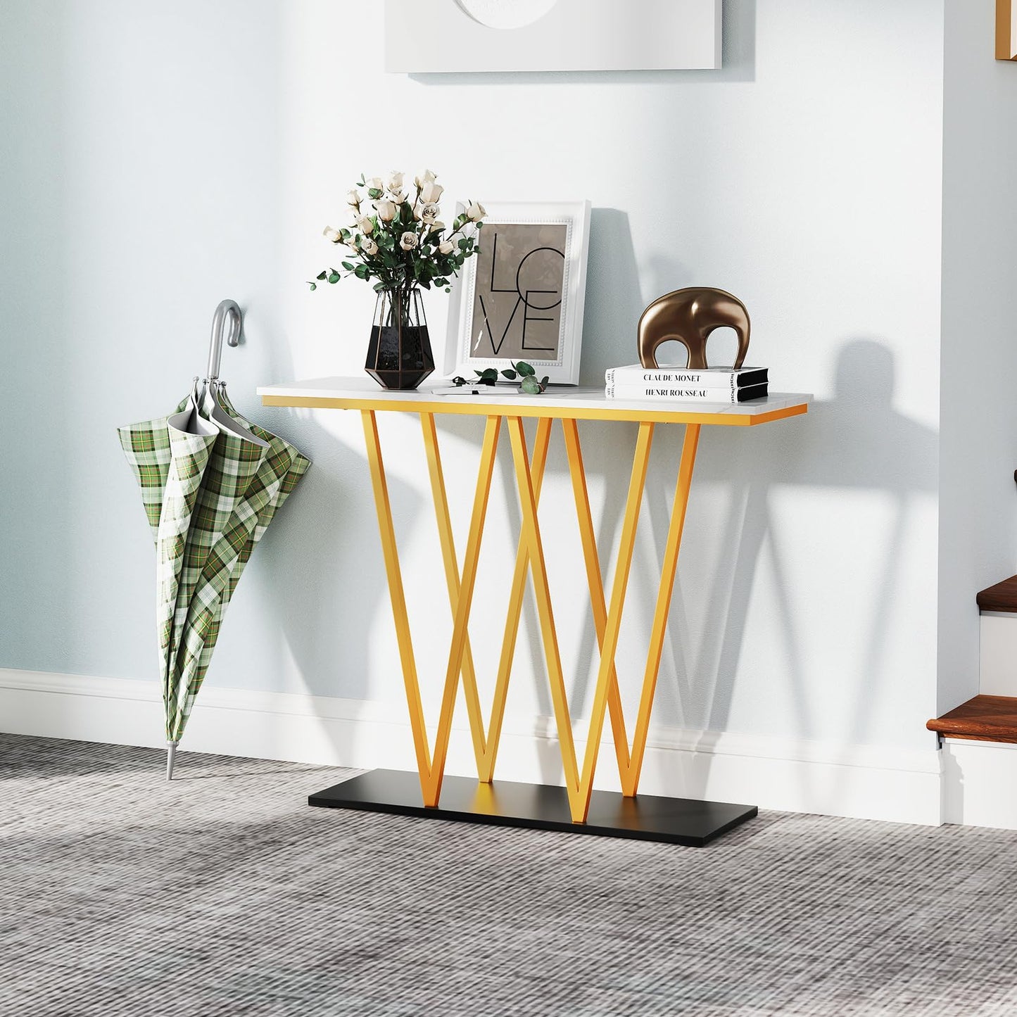 Modern Accent Extra Long Console Entry Table with Faux Marble Top