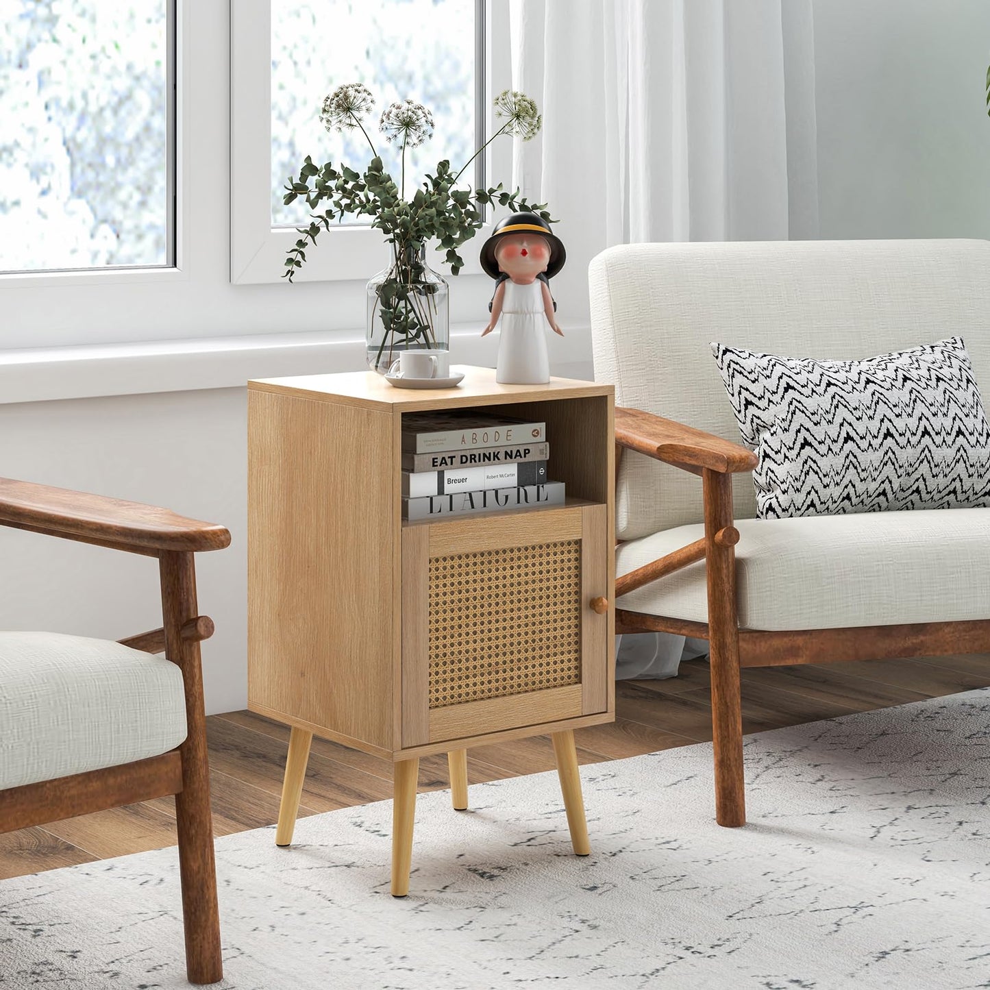 Rattan Nightstand with Storage and PE Rattan Decorated Door