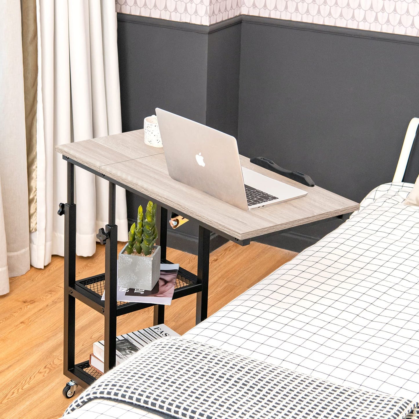Height Adjustable Mobile Overbed Table with Wheels and Storage Shelves