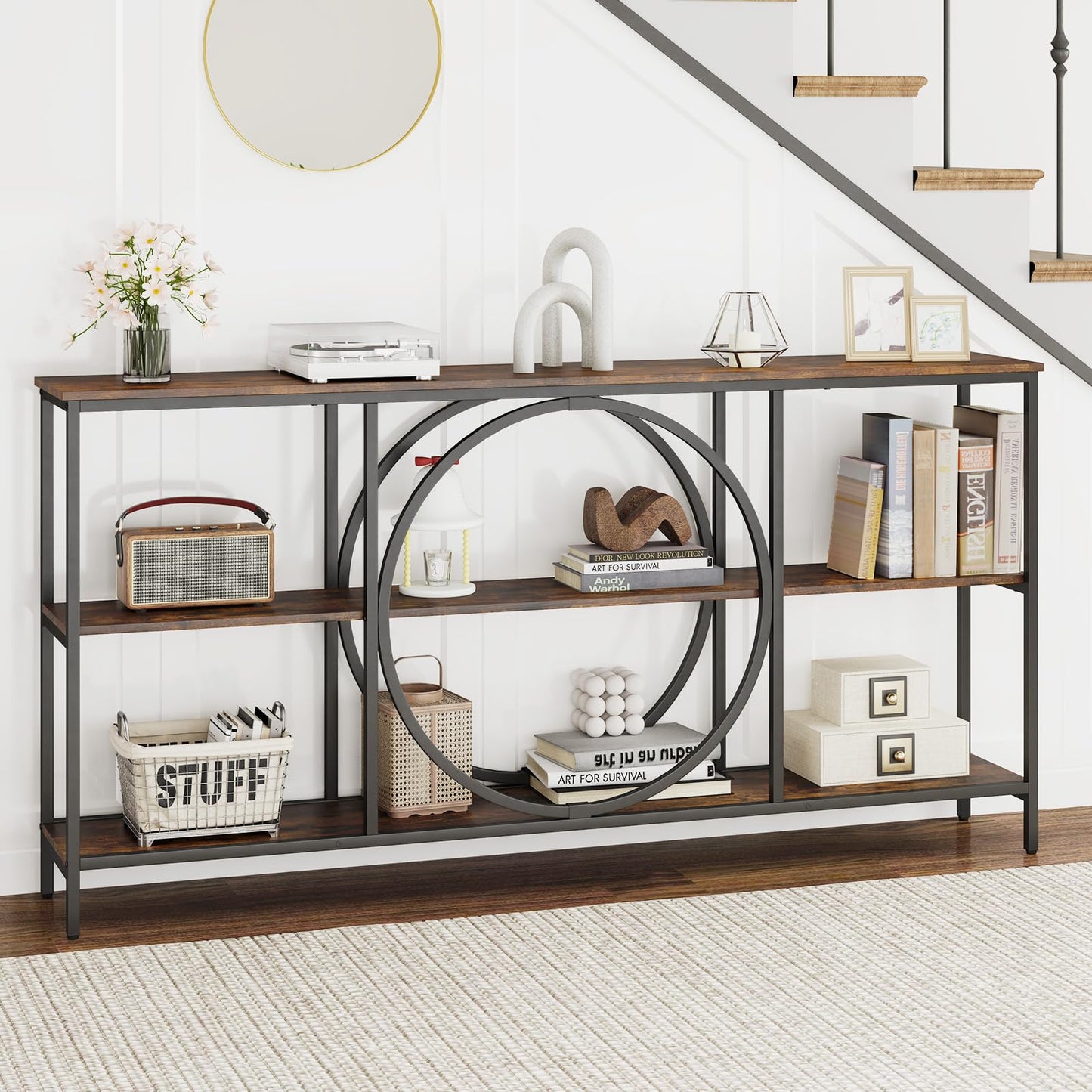 3 Tier Console Table with Faux Wood Grain Top
