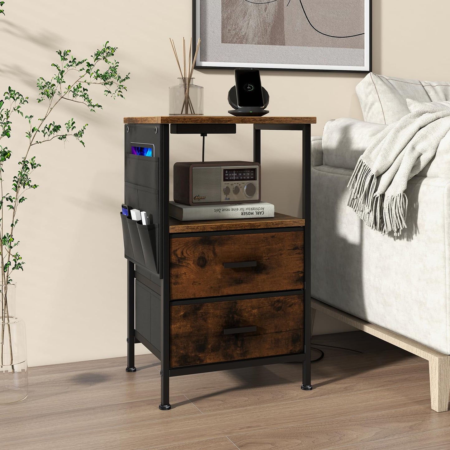Nightstand with Charging Station with 2 Drawers and 6 Side Pockets