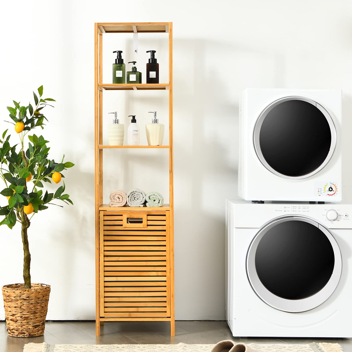 Bathroom Tilt-out Laundry Hamper Organizer with 3-Tier Storage Shelves