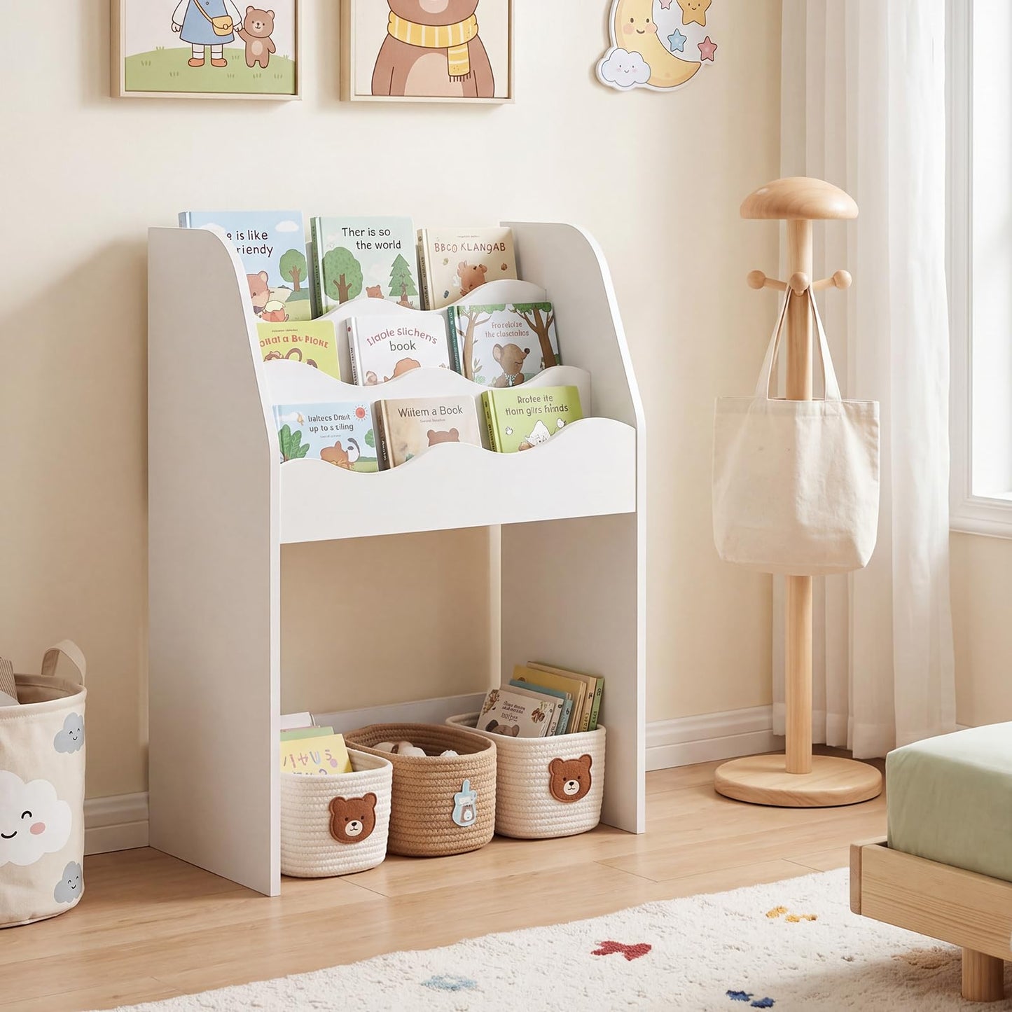 Toy Storage Organizer, 3-Tier Kids Bookcase with Rolling Drawer