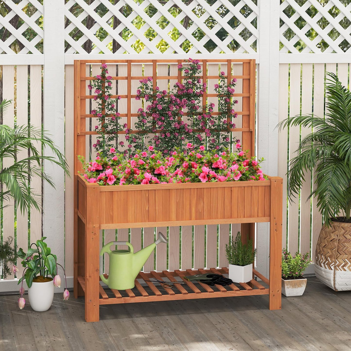 2 Tier Raised Garden Bed with Trellis for Climbing Plants Vines Fruit