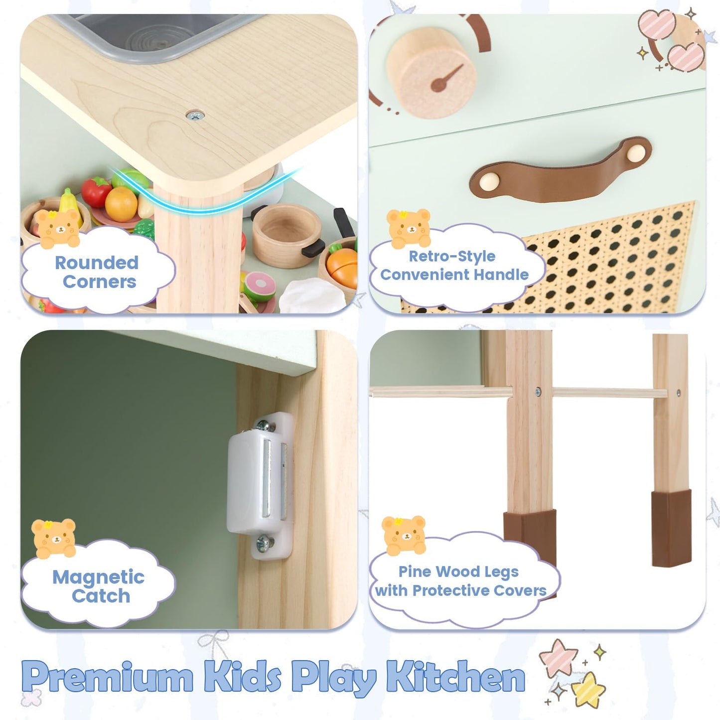 Kids Play Kitchen Wooden Pretend Kitchen Playset with Rattan Doors Wood Legs