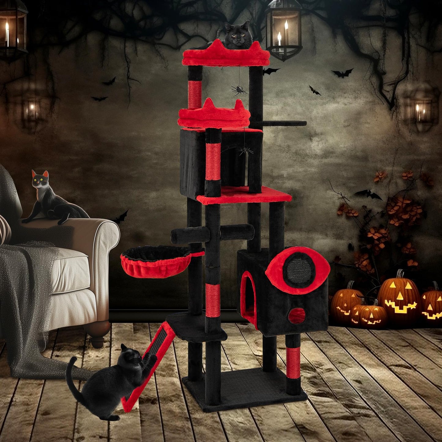 Gothic Cat Tree for Indoor Cats with 2 Cat Condos and 2 Plush Perches