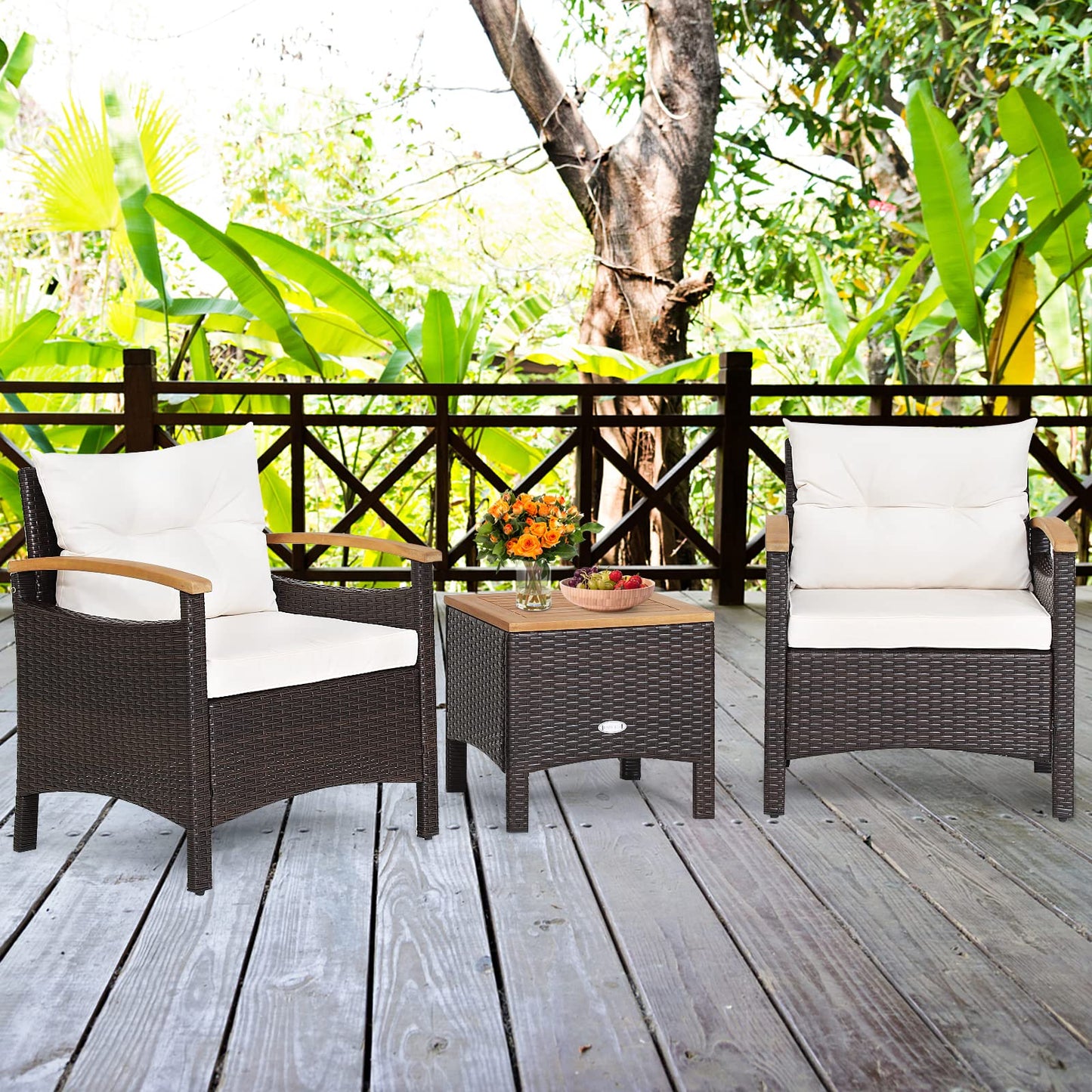 3-Piece Patio Sofa Set Garden Table and Chairs with Cushions