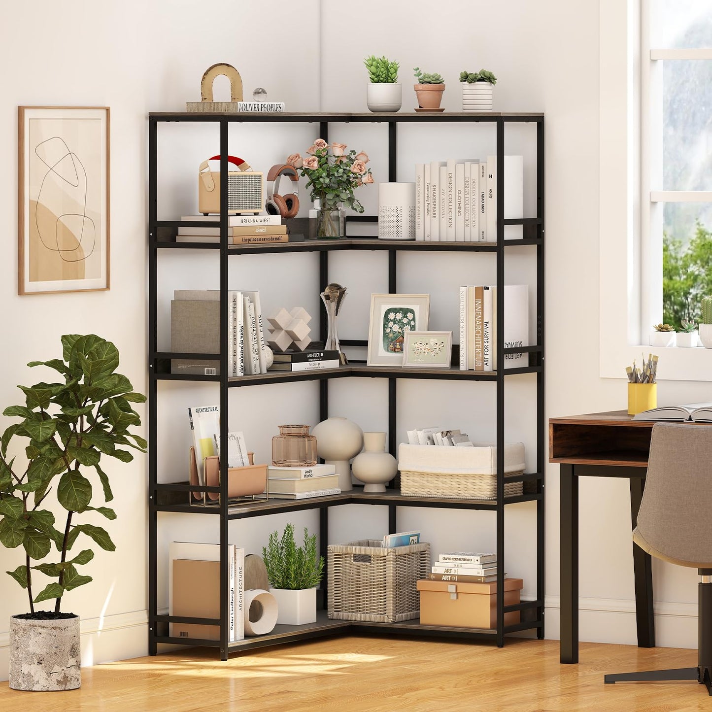 5-Tier Corner Bookshelf with Metal Frame for Living Room