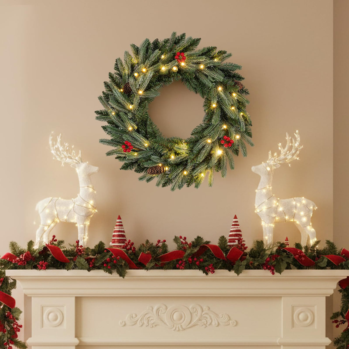 60cm/24inch Pre-Lit Christmas Wreath with LED Lights