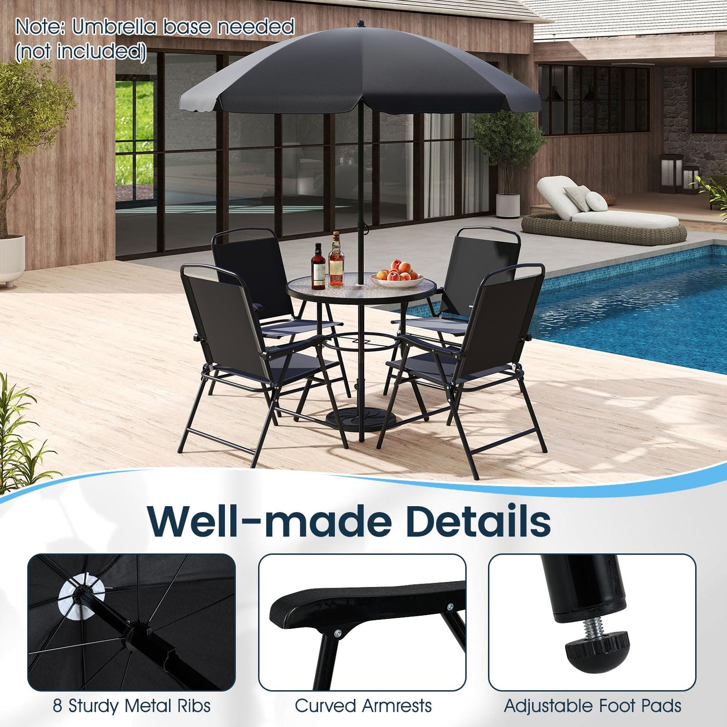 6 Piece Garden Furniture Sets with Parasol, Patio Dining Set with 4 Folding Chairs