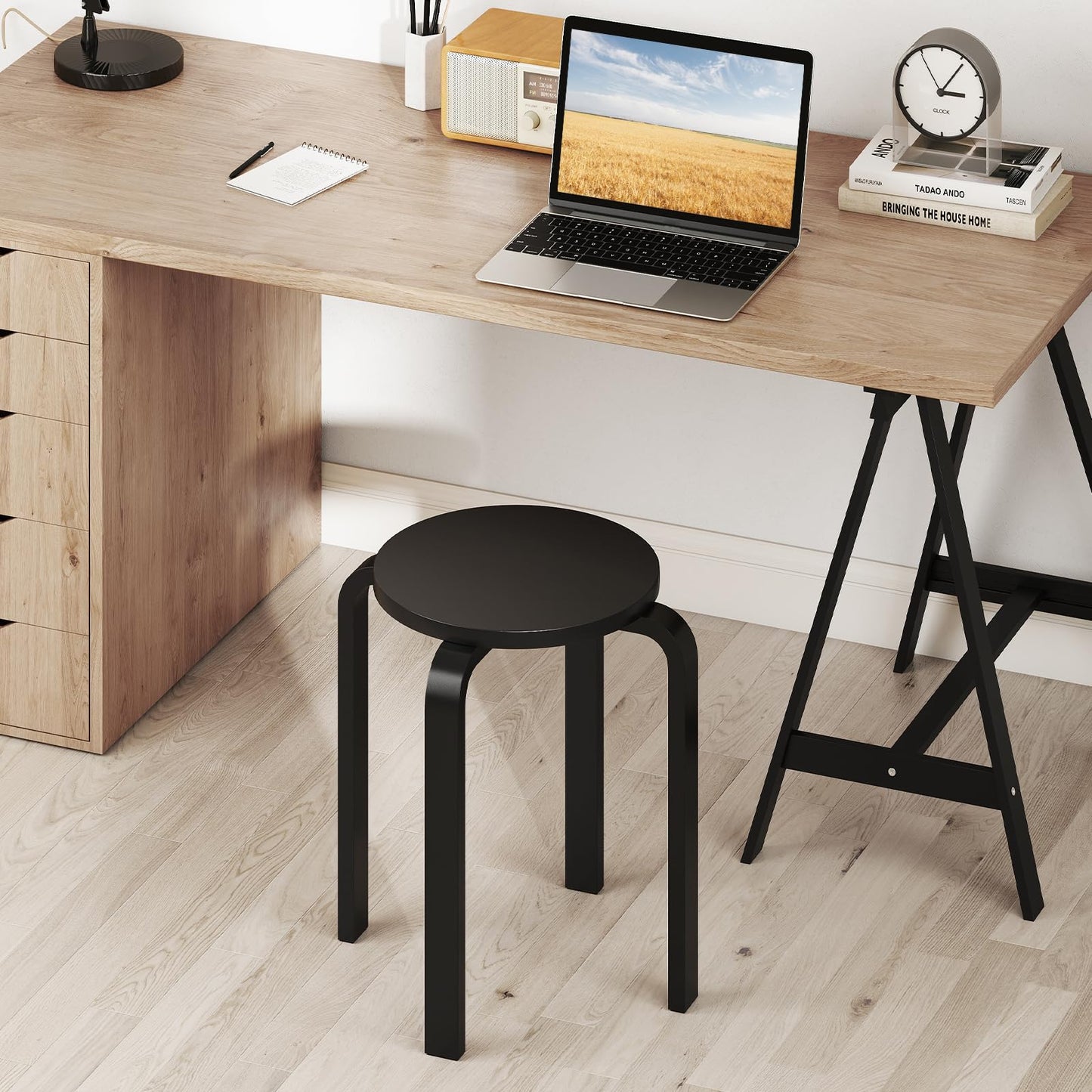 Set of 4 Stacking Wooden Stools, Upholstered Round Bar Stool with Non-Slip Foot Mat, Breakfast Dining Chair for Home Kitchen Office