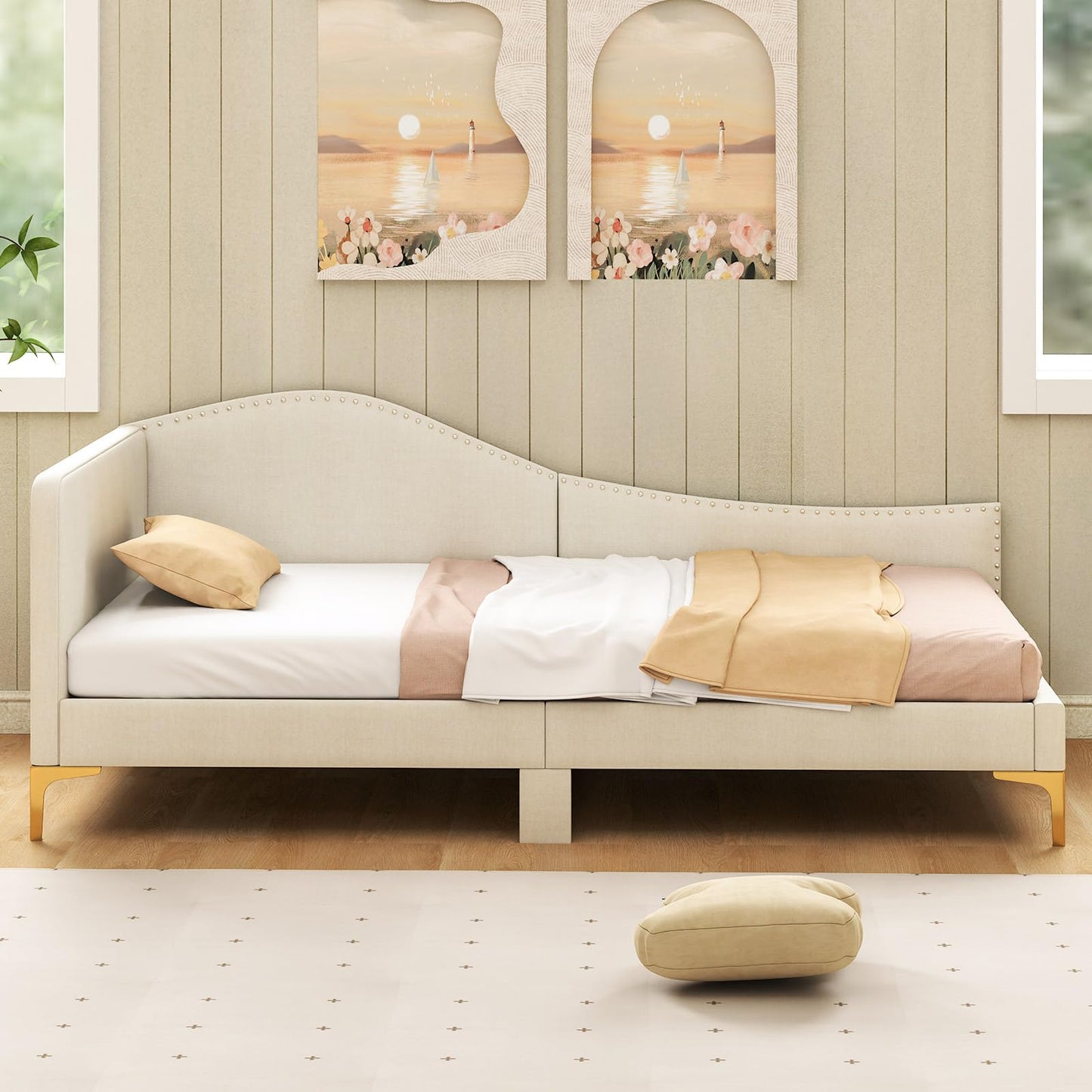 Single Size Upholstered Daybed Rivet-Tufted Platform Bed with Metal Legs