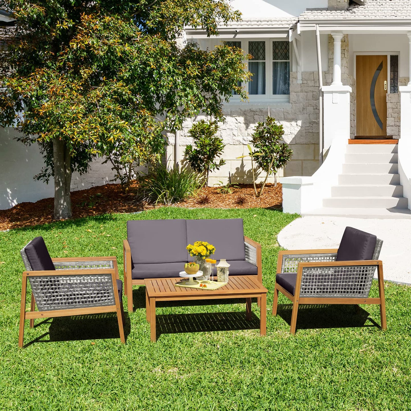 Acacia Wood Rattan Patio Conversation Set with Loveseat