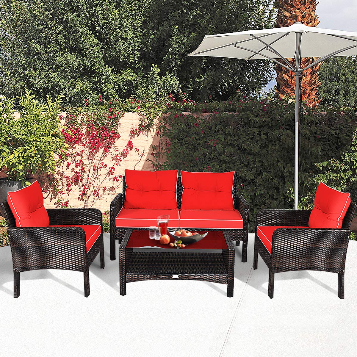 4-Piece Garden Rattan Conversation Furniture Set with Tempered Glass Table