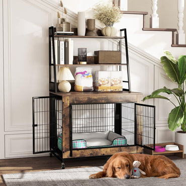 Wooden Dog Cage on Wheels with Storage Shelves