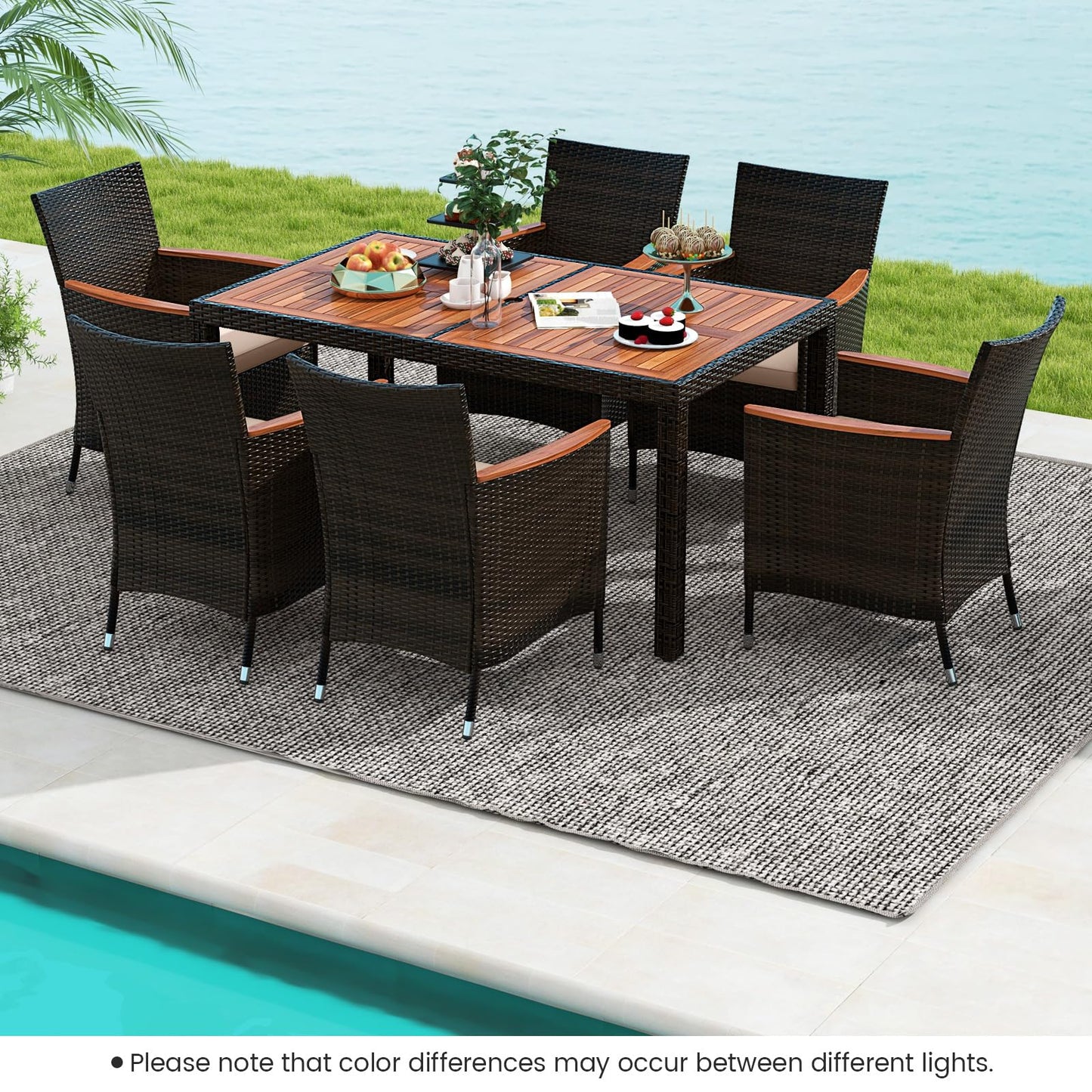 7 Pieces Patio Wicker Dining Set Acacia Wood Table and 6 Stackable Chairs