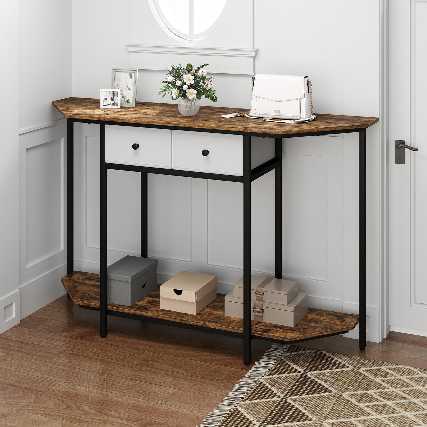 2-Tier Console Table Industrial Narrow Sofa Side Table with 2 Drawers and Shelf