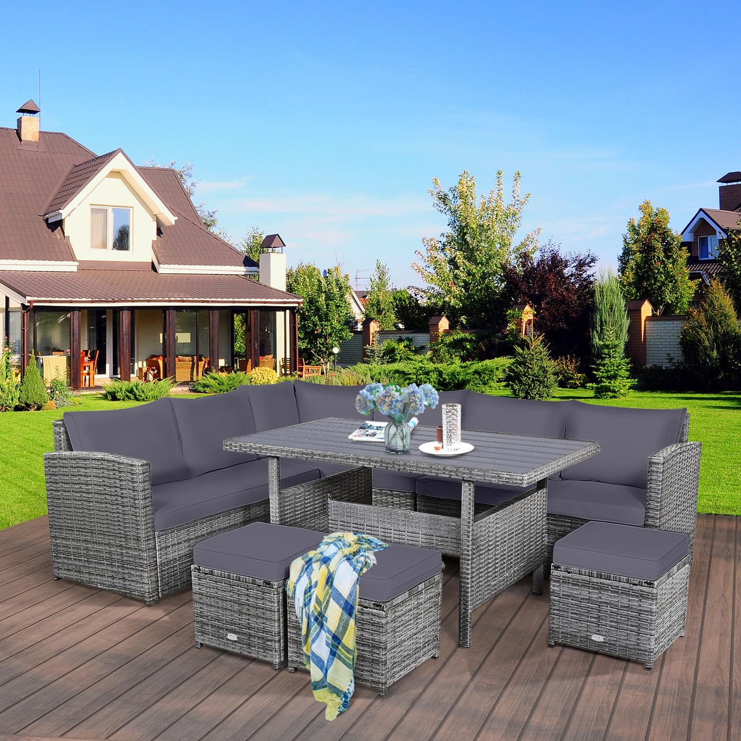 9 Seater Patio Rattan Corner Sofa Set with Sofa Chairs and Coffee Table