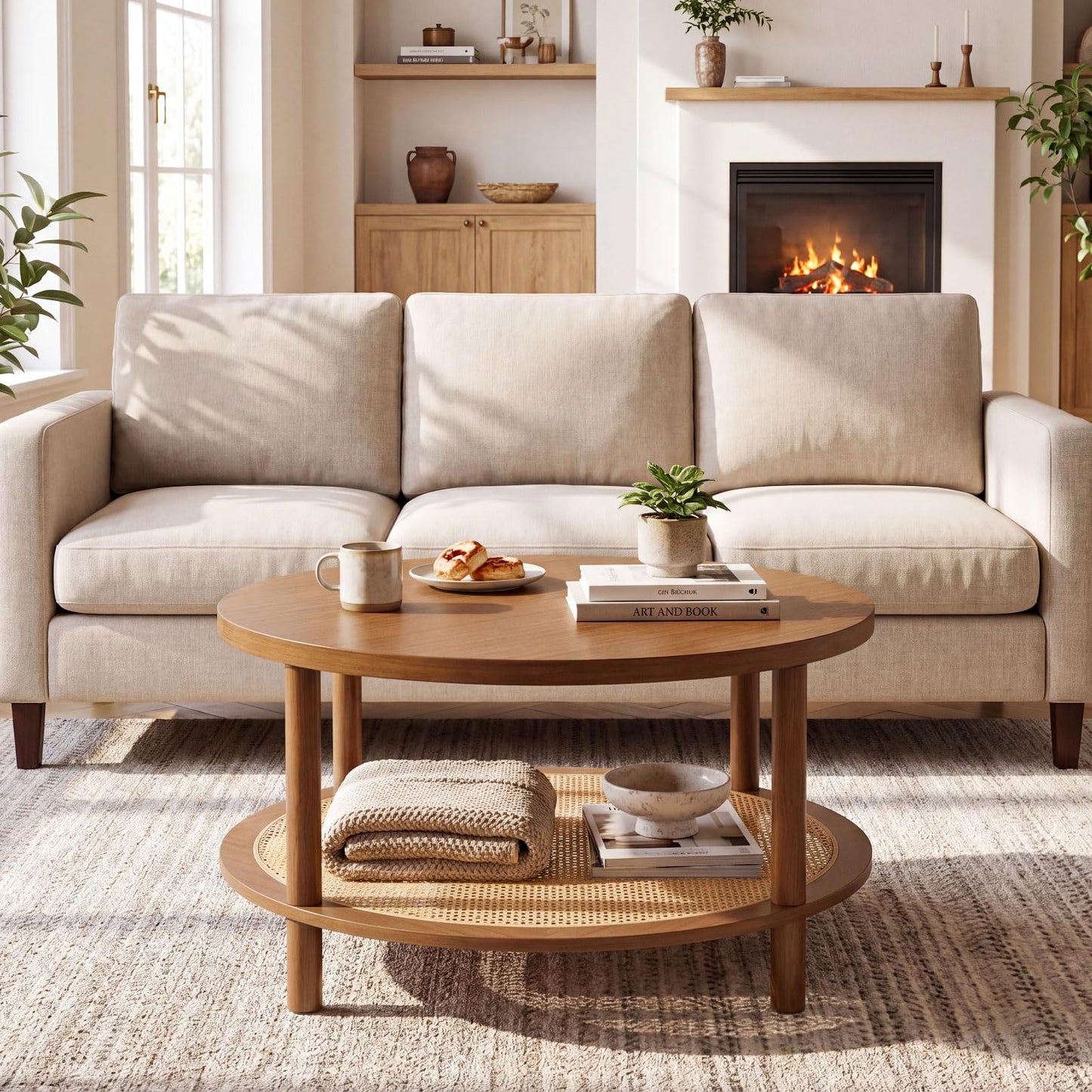 2-Tier Round Coffee Table with Rattan Storage Shelf, Rubber Wood
