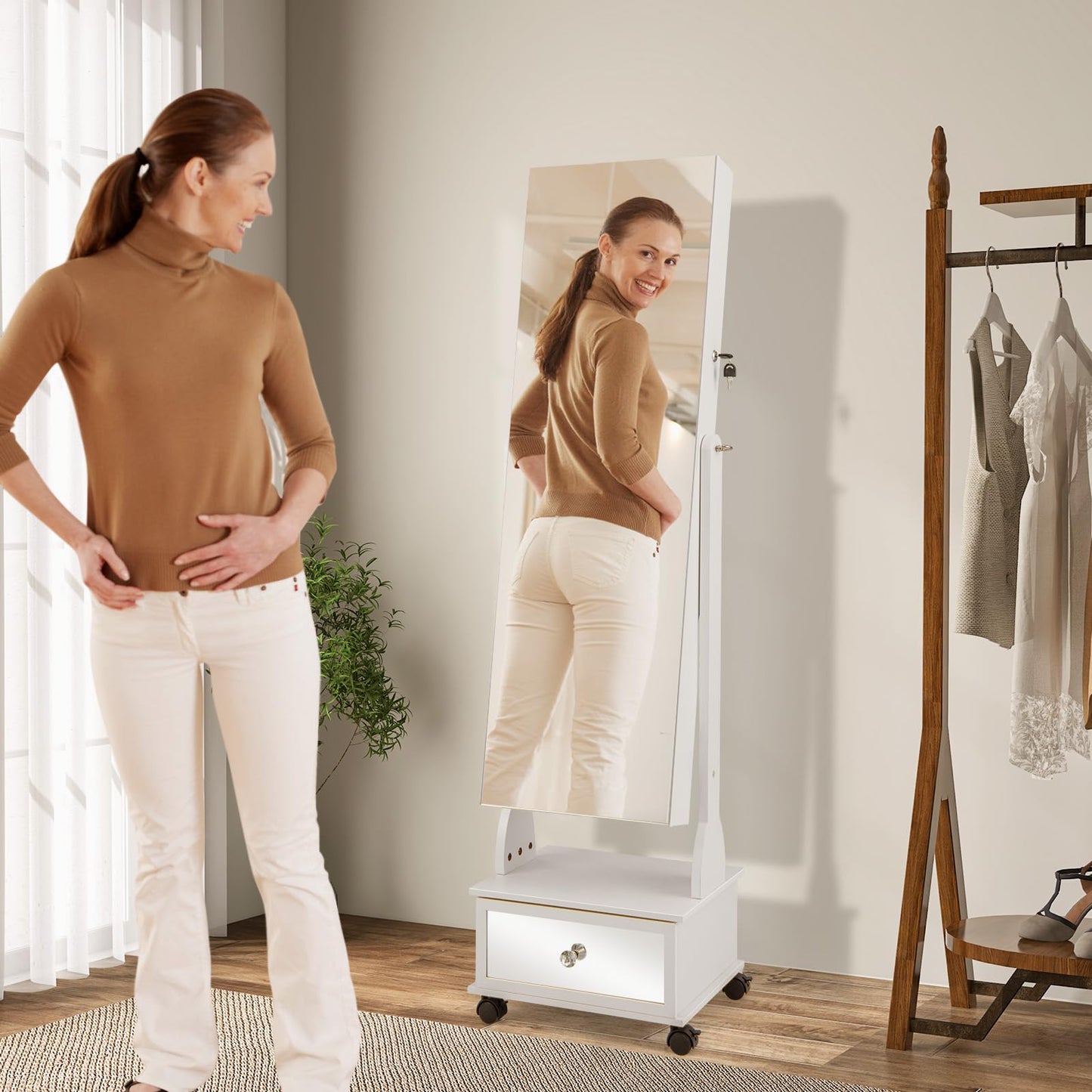Standing Jewelry Armoire with Full-Length Mirror LED Lights and Drawers