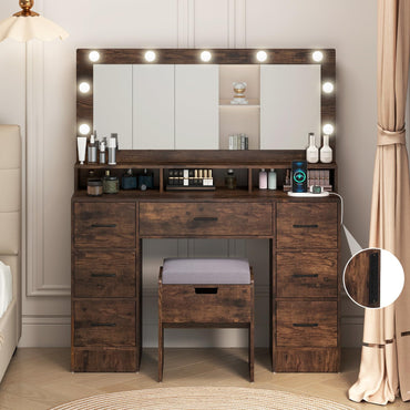 Dressing Table with Large Mirror and Cushioned Storage Stool
