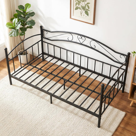 Metal Day Bed Frame, 3FT Single Sofa Bed Base Guest Platform Daybed with Headboard