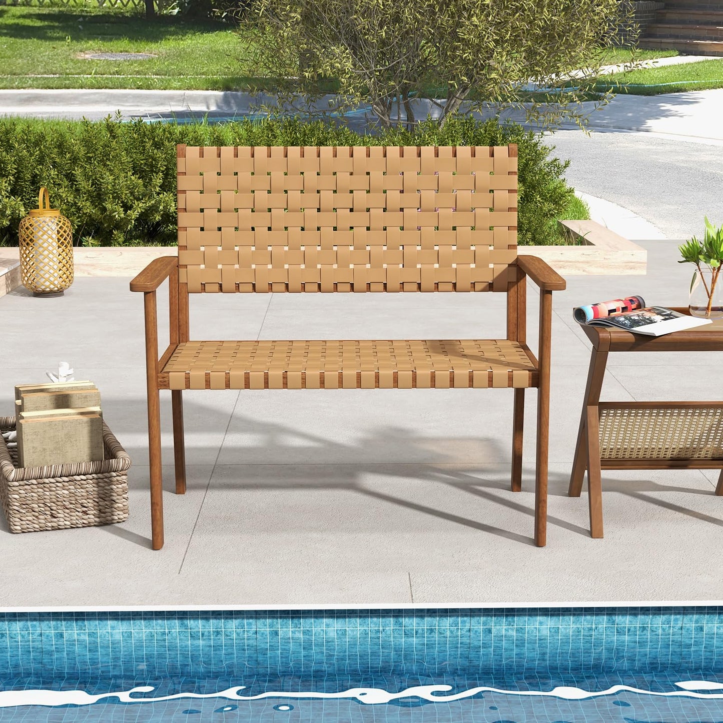 Outdoor All Weather Bench with Solid Rubber Wood Frame and Hand Woven PU Leather