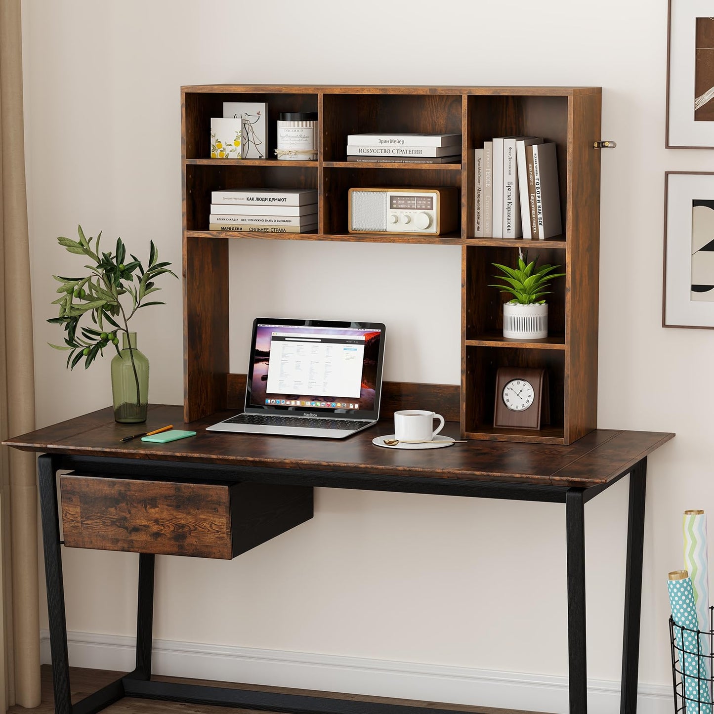 Countertop Bookcase with 3 Adjustable Shelves and Open Compartment