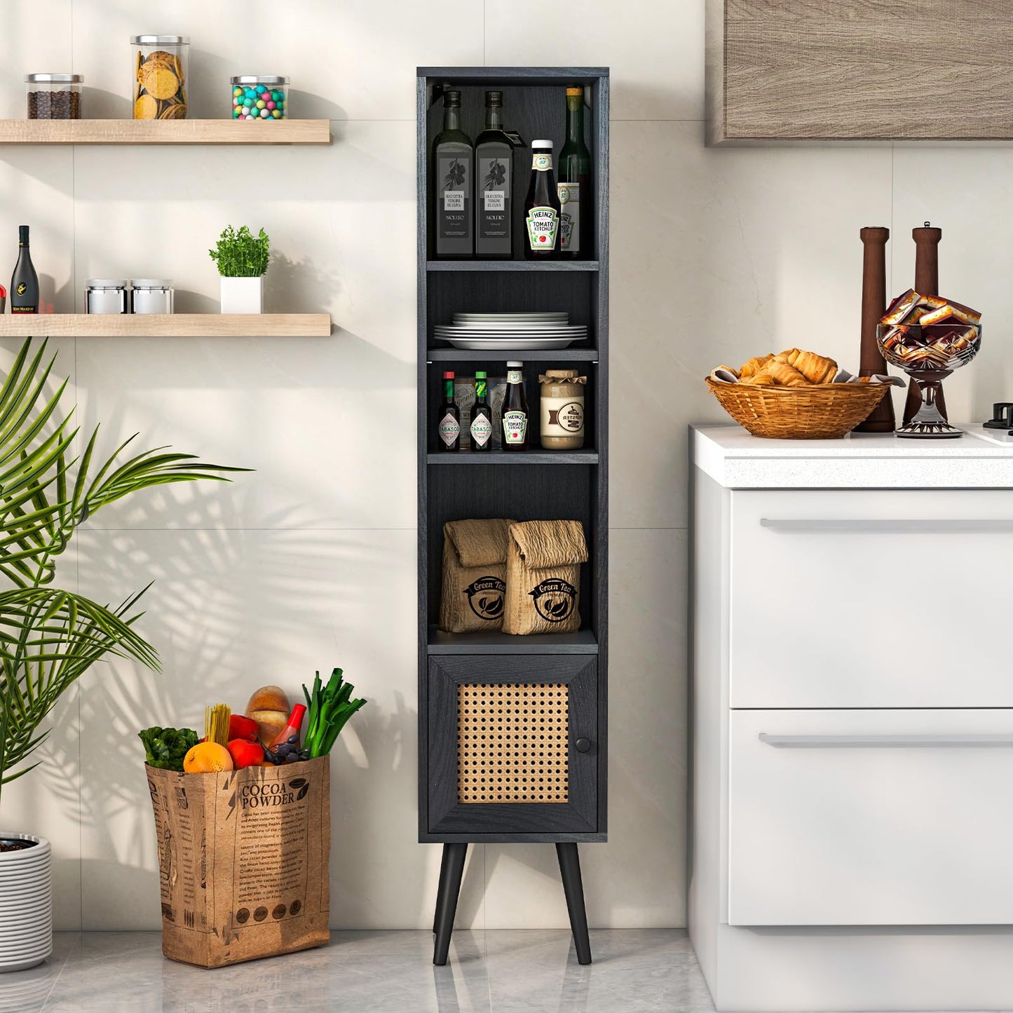 Freestanding Slim Cabinet with Rattan Door and Solid Wood Legs