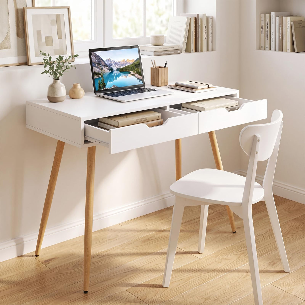Wooden Computer Desk, 108cm Modern PC Laptop Table Writing Workstation