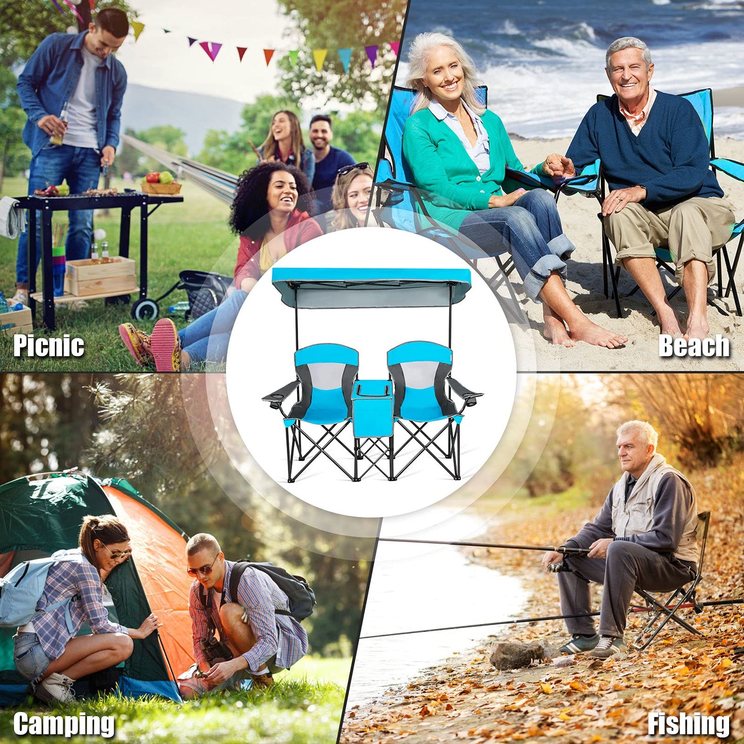 Outdoor Portable Double Folding Camping Chair with Canopy
