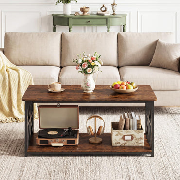Coffee Table Industrial Farmhouse Accent Table with Open Storage Shelf