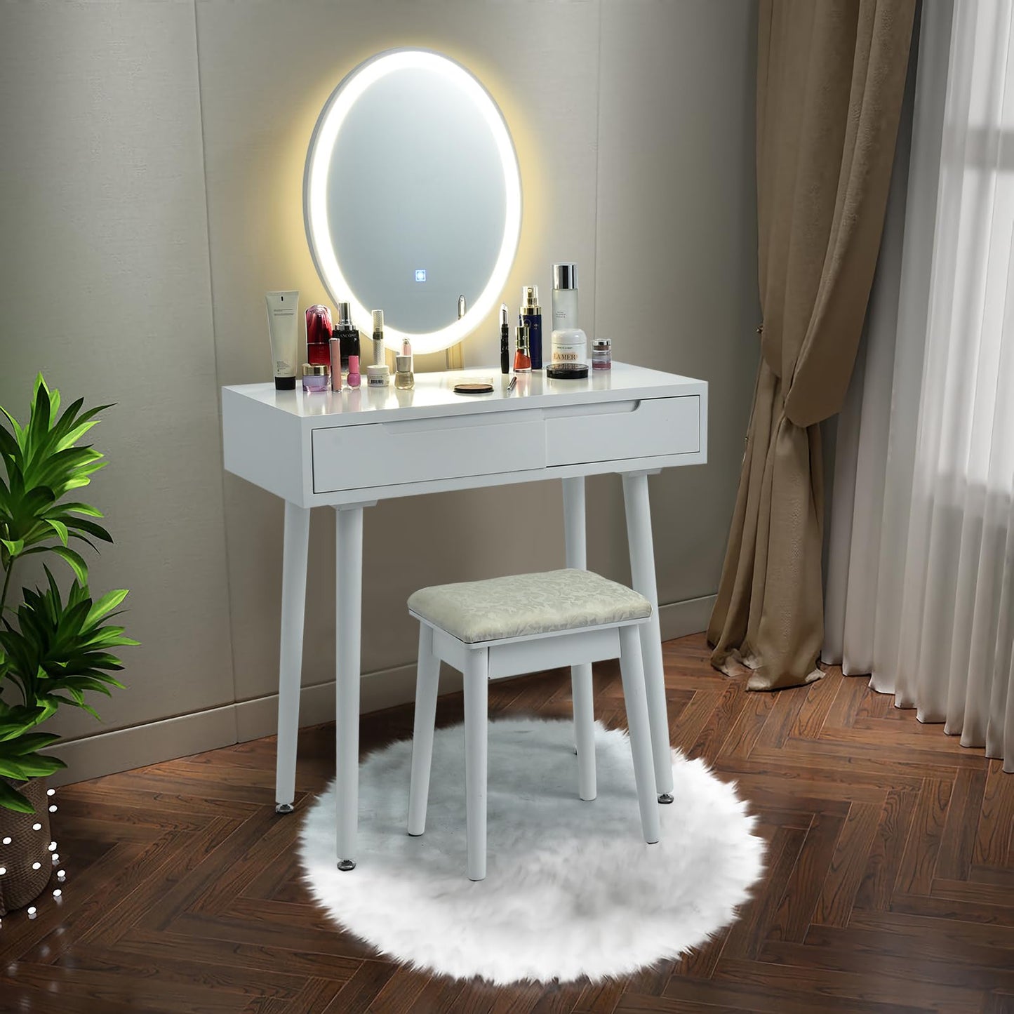 Dressing Table with 3-Color LED Lights Oval Mirror and Stool