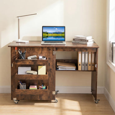 Folding Sewing Table with Storage Shelf and 3 Hidden Bins for Home