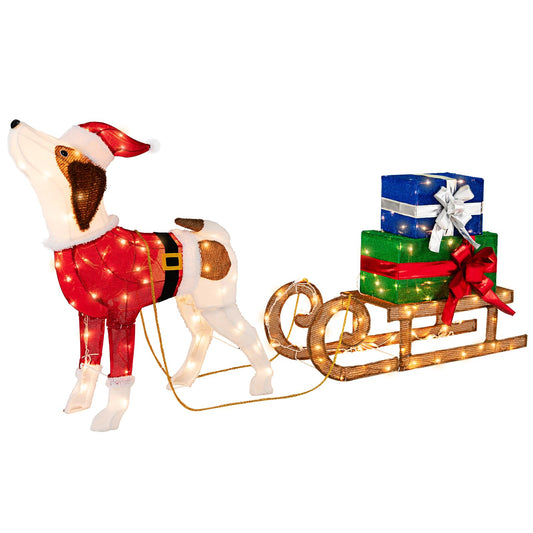Pre-lit Lighted Christmas Dog Sleigh Gift Boxes Combo Decoration