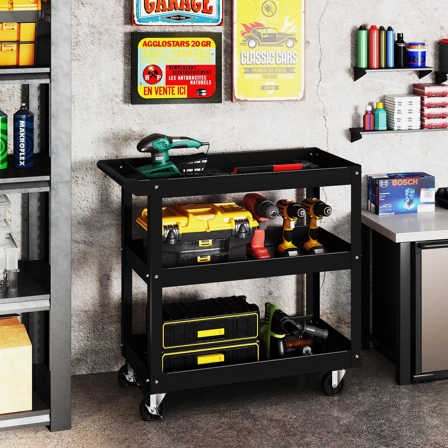 3-Tier Tool Trolley with Handle and Lockable Wheels