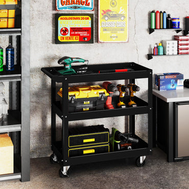 3-Tier Tool Trolley with Handle and Lockable Wheels