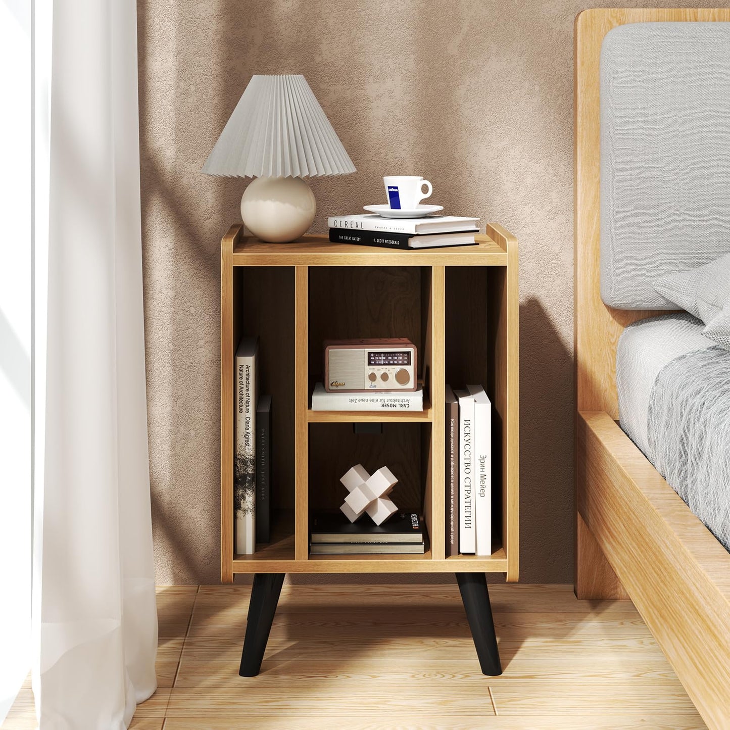 Record Player Stand with 4 Open Shelves Power Outlet USB Charging Port