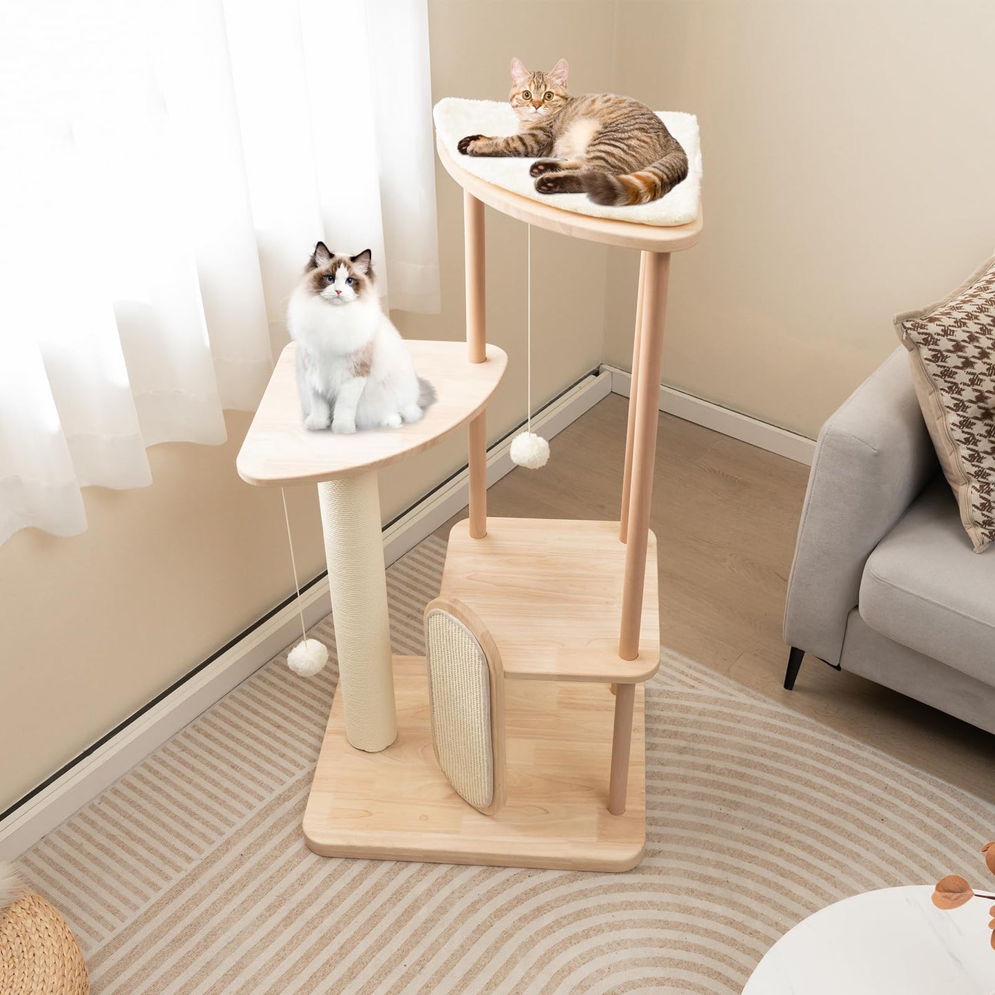 Multi-level Modern Wood Cat Tree with Scratching Board and Post