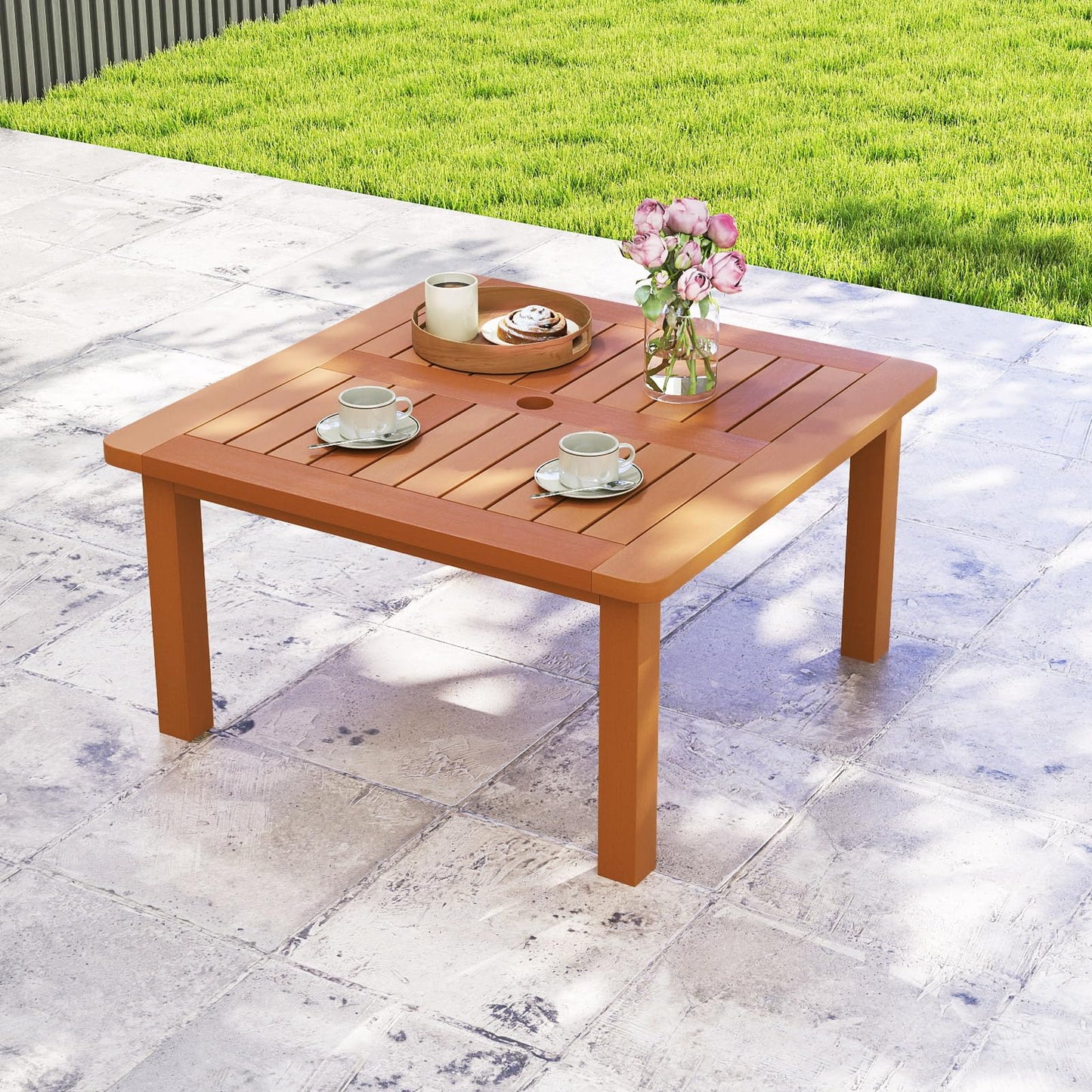 Patio Coffee Table with Umbrella Hole Outdoor Solid Wood End Table