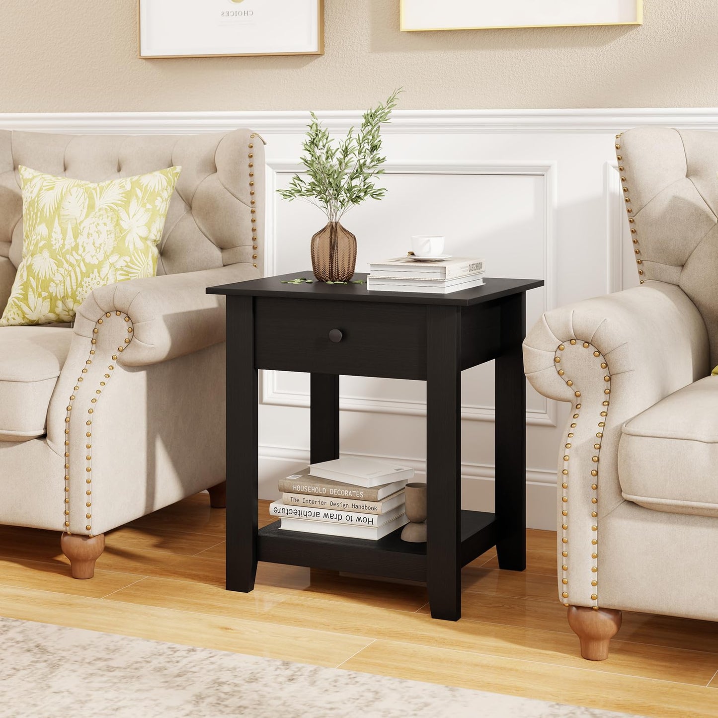 Wooden Nightstand End Sofa Side Table with Drawer and Open Shelf