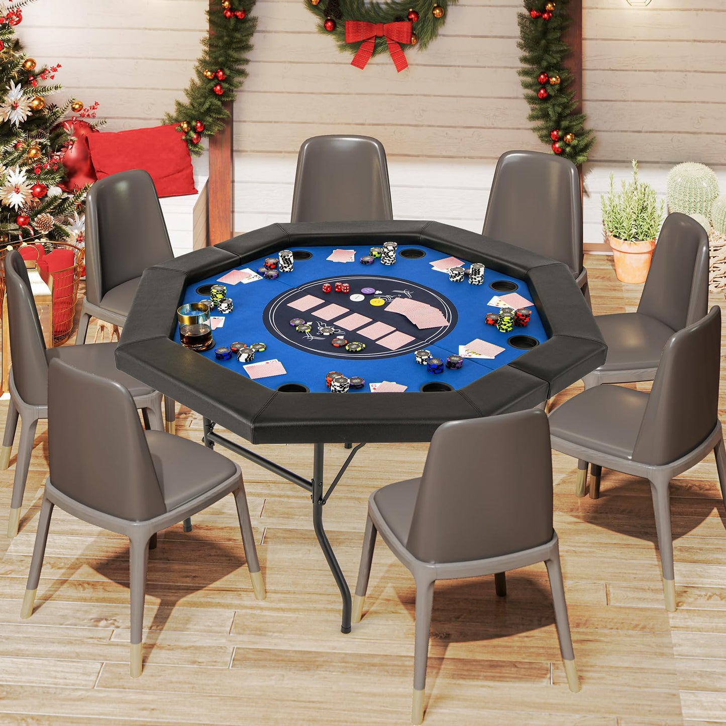 8 Player Foldable Poker Table with 8 Cup Holders